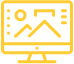 Yellow icon of a monitor with mountains, circles and dots on the screen