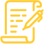 Yellow icon of a open scroll with a pen writing on it