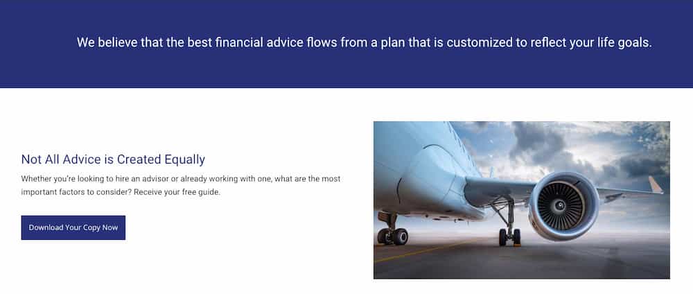 screenshot of a financial advisor website that has a strong CTA to download a free resource