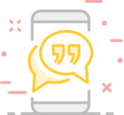 Icon of a mobile phone with conversation bubbles and quotes in yellow