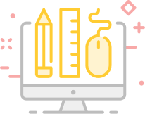 Icon of a monitor with a yellow pencil, ruler, and computer mouse inside